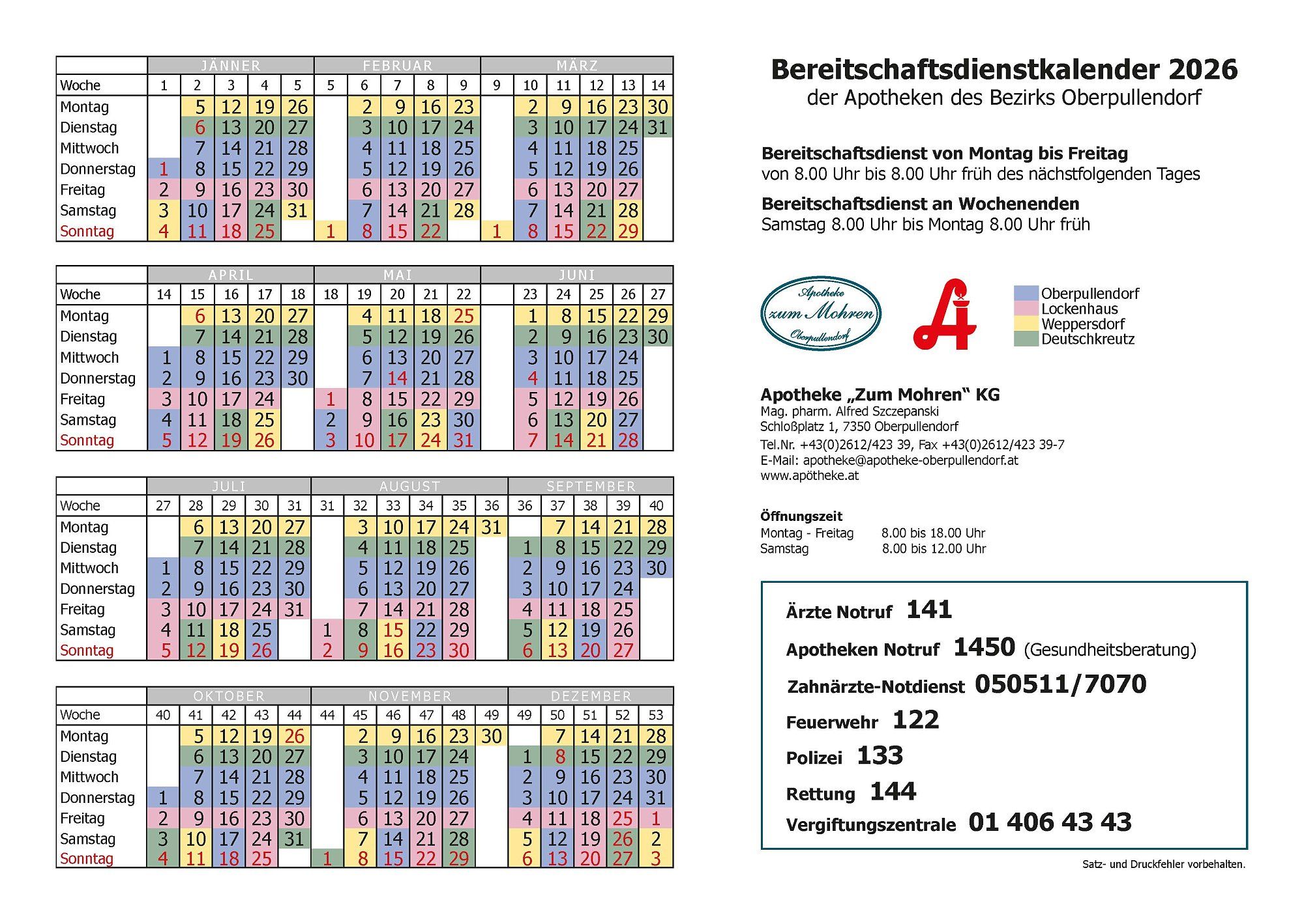 Bild Nr.1 zum Thema: Bereitschaftsdienstkalender